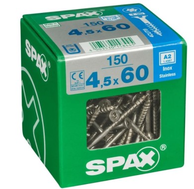 SPAX Edelstahlschraube, 4,5 x 60 mm, 150 Stück, Teilgewinde, Senkkopf, T-STAR plus T20, 4CUT, Edelstahl rostfrei A2, 4197000450606